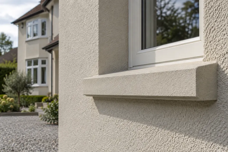 Illustrative close view of textured render at a window and projecting sill