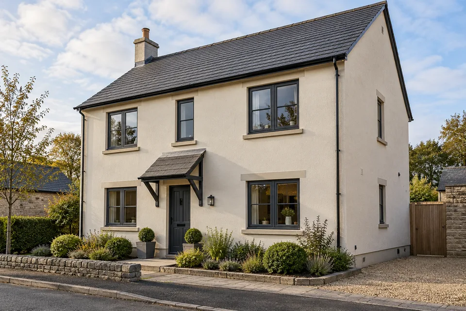 Pale rendered house with coordinated finishes across two elevations